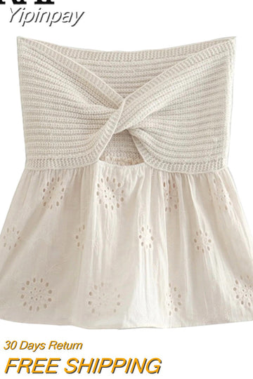 Yipinpay 2023 Knit Crop Top Women Cut Out Tube Top Female Woman Beige Embroidery Off Shoulder Top Y2k Sleeveless Summer Sexy Tops